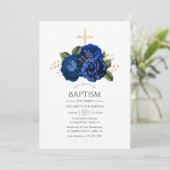 Royal Blue en Gold Floral Baptism Kaart (Staand voorkant)