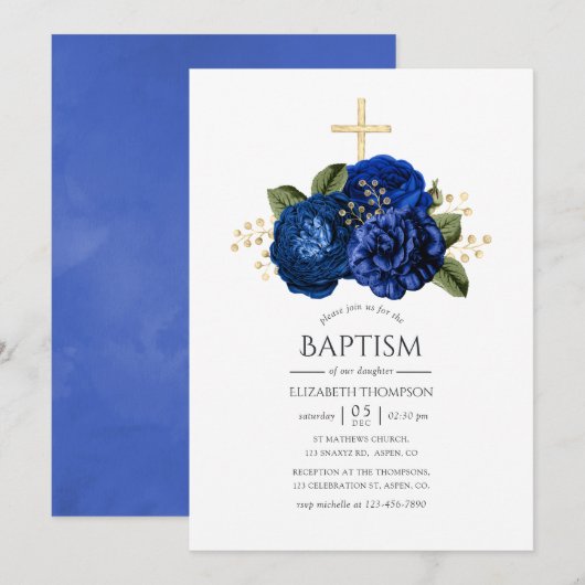 Royal Blue en Gold Floral Baptism Kaart (Voorkant / Achterkant)