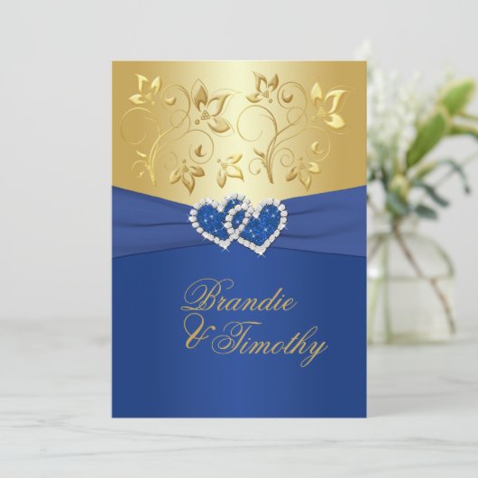 Royal Blue en Gold Floral bruiloft uitnodiging (Staand voorkant)