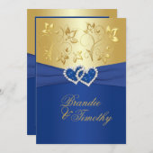 Royal Blue en Gold Floral bruiloft uitnodiging (Voorkant / Achterkant)