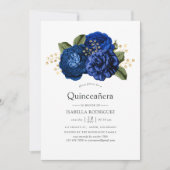 Royal Blue en Gold Floral Quinceañera Kaart (Voorkant)