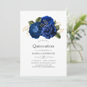 Royal Blue en Gold Floral Quinceañera Kaart (Staand voorkant)