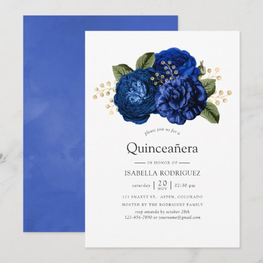 Royal Blue en Gold Floral Quinceañera Kaart (Voorkant / Achterkant)