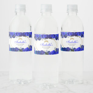 Royal Blue en Gold Floral Quinceanera Waterfles Etiket