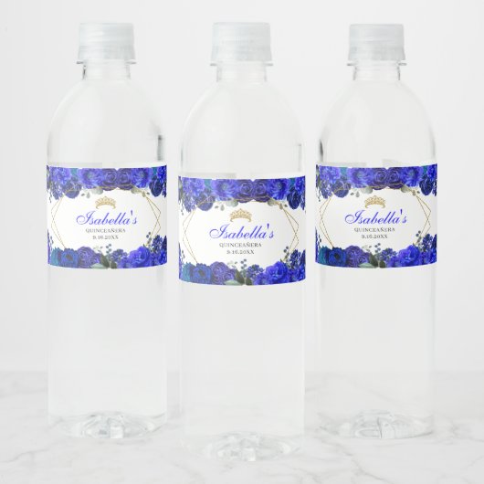 Royal Blue en Gold Floral Quinceanera Waterfles Etiket (Flessen)