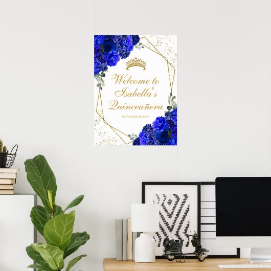 Royal Blue en Gold Floral Quinceanera Welcome Poster (Thuiskantoor)