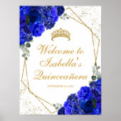 Royal Blue en Gold Floral Quinceanera Welcome Poster (Voorkant)
