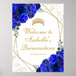 Royal Blue en Gold Floral Quinceanera Welcome Poster