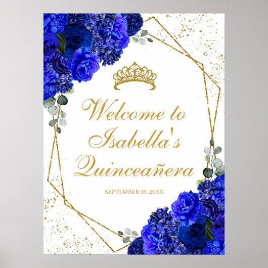 Royal Blue en Gold Floral Quinceanera Welcome Poster (Voorkant)
