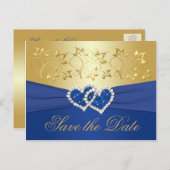Royal Blue en Gold Floral Save the Date Kaart (Voorkant / Achterkant)