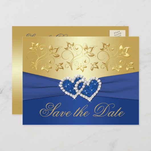 Royal Blue en Gold Floral Save the Date Kaart (Voorkant / Achterkant)