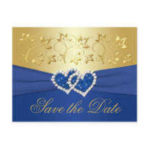 Royal Blue en Gold Floral Save the Date Kaart