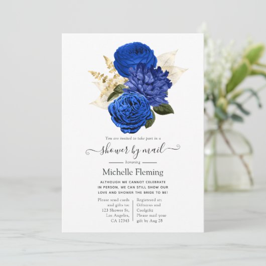 Royal Blue en Gold Floral Vrijgezellenfeest per po Kaart (Staand voorkant)