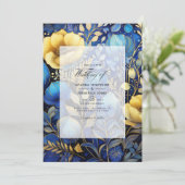 Royal Blue en Gold Floral Wedding Kaart (Staand voorkant)