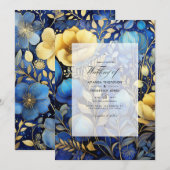 Royal Blue en Gold Floral Wedding Kaart (Voorkant / Achterkant)