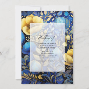 Royal Blue en Gold Floral Wedding Kaart