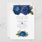 Royal Blue en Gold Floral Wedding Kaart (Voorkant)