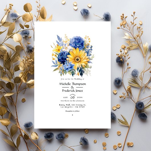 Royal Blue en Gold Floral Wedding Kaart