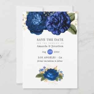 Royal Blue en Gold Floral Wedding Save The Date