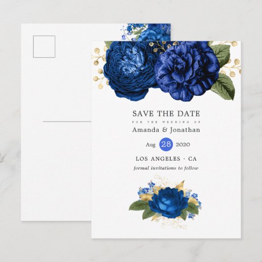 Royal Blue en Gold Floral Wedding Save the Date Aankondigingskaart (Voorkant / Achterkant)