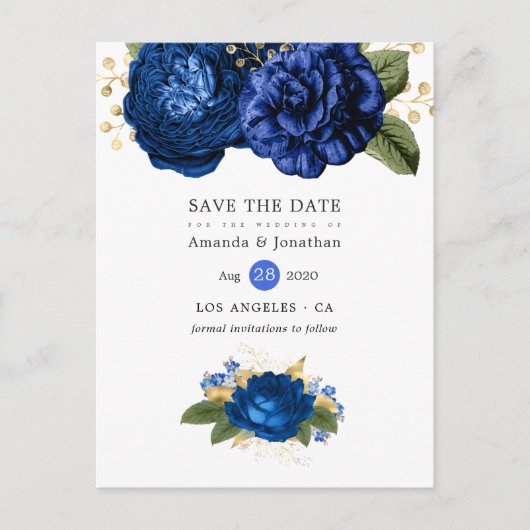 Royal Blue en Gold Floral Wedding Save the Date Aankondigingskaart (Voorkant)