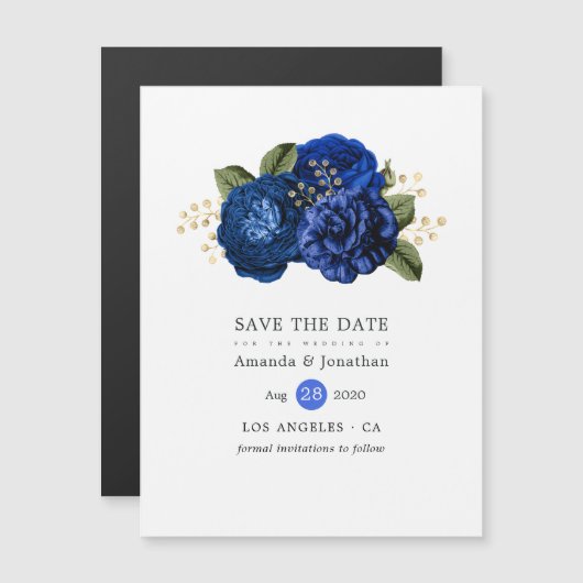 Royal Blue en Gold Floral Wedding Save the Date Magnetische Uitnodiging (Voorkant / Achterkant)