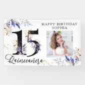 Royal Blue en Gold Foliage Quinceanera Foto Spandoek (Horizontaal)