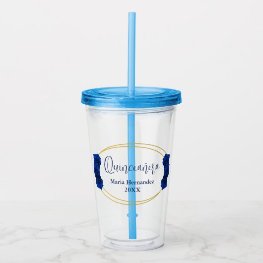 Royal Blue en Gold Geometric Quinceañera Acryl Drinkbeker (Voorkant)