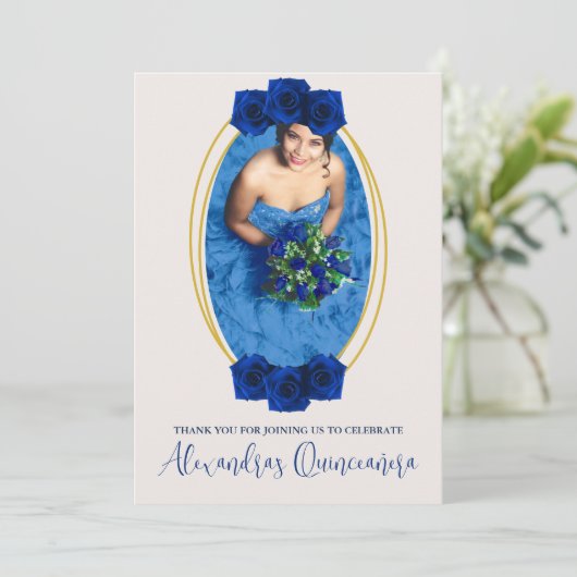 Royal Blue en Gold Geometric Quinceañera Bedankkaart (Staand voorkant)