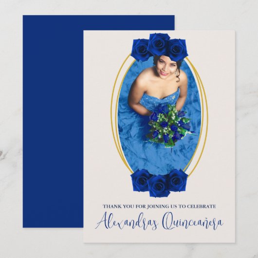 Royal Blue en Gold Geometric Quinceañera Bedankkaart (Voorkant / Achterkant)