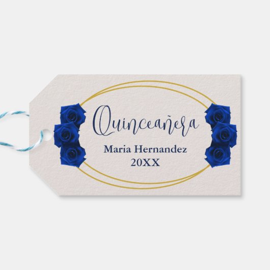 Royal Blue en Gold Geometric Quinceañera Cadeaulabel (Achterkant Horizontaal)