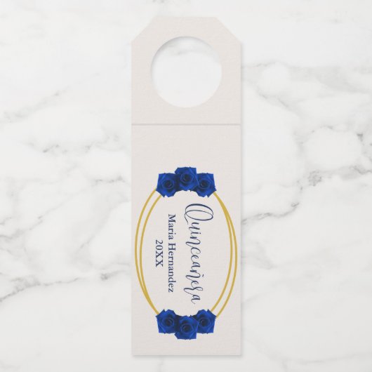 Royal Blue en Gold Geometric Quinceañera Flessenhanger (Voorkant)