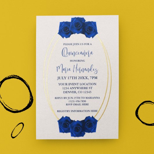 Royal Blue en Gold Geometric Quinceañera Folie Uitnodiging