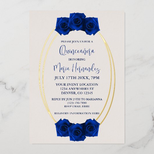 Royal Blue en Gold Geometric Quinceañera Folie Uitnodiging (Voorkant)