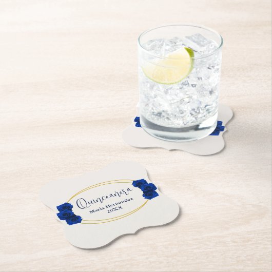 Royal Blue en Gold Geometric Quinceañera Kartonnen Onderzetters (Insitu)