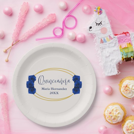 Royal Blue en Gold Geometric Quinceañera Papieren Bordje (Feest)
