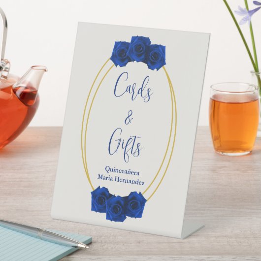 Royal Blue en Gold Geometric Quinceañera Reclamebord Met Voetstuk (Insitu)