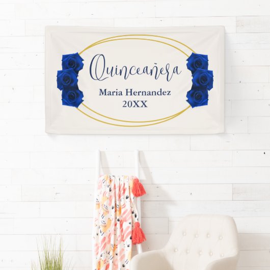 Royal Blue en Gold Geometric Quinceañera Spandoek (Insitu)