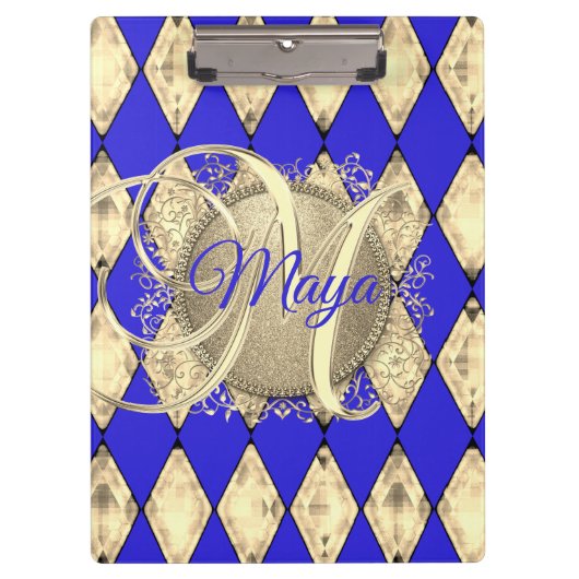 Royal Blue en Gold Glam Monogram Klembord (Voorkant)