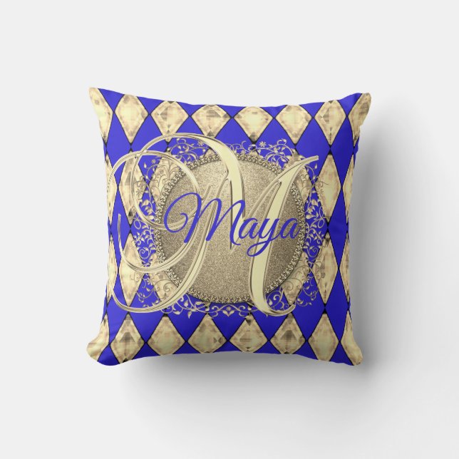 Royal Blue en Gold Glam Monogram Kussen (Voorkant)