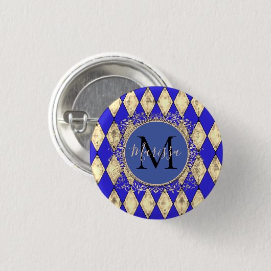 Royal Blue en Gold Glam Monogram Ronde Button 3,2 Cm (Voorkant /achterkant)