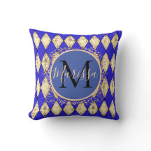 Royal Blue en Gold Glam Monogram Sierkussen