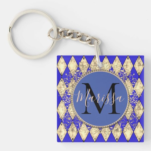 Royal Blue en Gold Glam Monogram Sleutelhanger (voorkant)