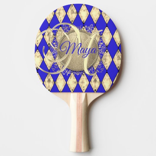 Royal Blue en Gold Glam Monogram Tafeltennisbatje (Voorkant)