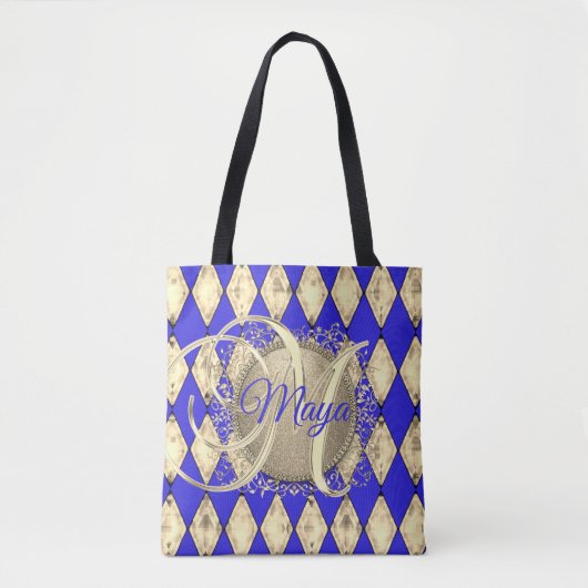 Royal Blue en Gold Glam Monogram Tote Bag (Voorkant)