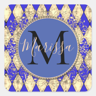 Royal Blue en Gold Glam Monogram Vierkante Sticker