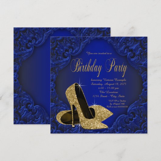 Royal Blue en Gold High Heels Verjaardagsfeest Kaart (Voorkant / Achterkant)