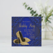 Royal Blue en Gold High Heels Verjaardagsfeest Kaart (Staand voorkant)