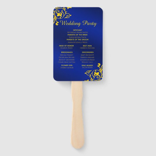 Royal Blue en Gold huwelijksprogramma Handwaaier (Achterkant)