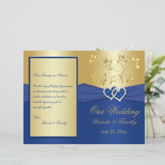 Royal Blue en Gold Joined Hearts Wedding Program (Staand voorkant)